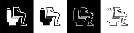 Set Men sitting on the toilet and Constipation are experiencing severe abdominal pain icon isolated on black and white background. Vectorのイラスト素材