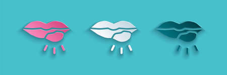 Paper cut Herpes lip icon isolated on blue background. Herpes simplex virus. Labial infection inflammation symbol. Paper art style. Vectorのイラスト素材