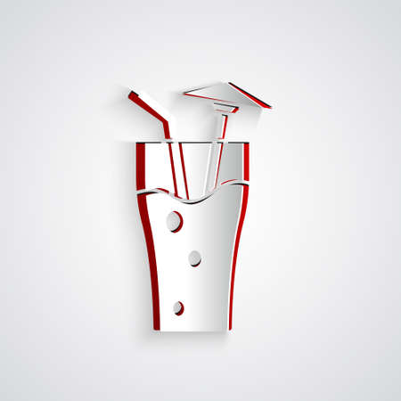Paper cut Cocktail and alcohol drink with umbrella icon isolated on grey background. Paper art style. Vectorのイラスト素材
