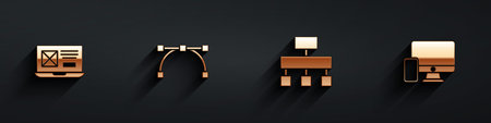 Set UI or UX design, Bezier curve, Site map and Monitor and mobile icon with long shadow. Vector