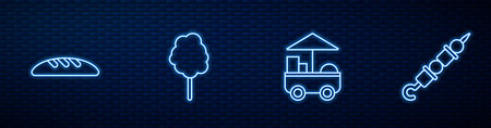 Set line Fast street food cart, Bread loaf, Cotton candy and Grilled shish kebab. Glowing neon icon...