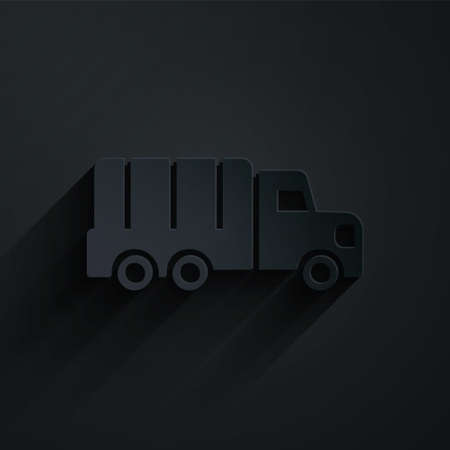 Paper cut Military truck icon isolated on black background. Paper art style. Vectorのイラスト素材