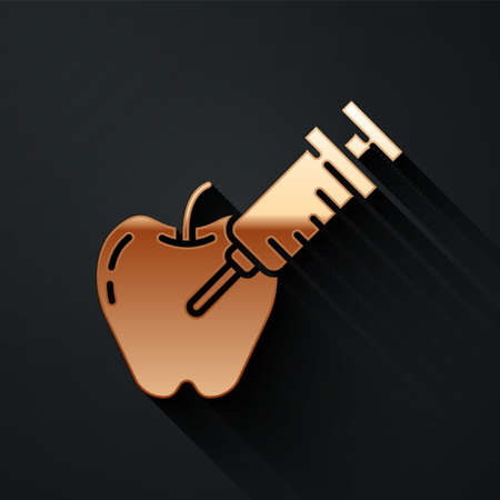 Gold Genetically modified apple icon isolated on black background. GMO fruit. Syringe being injected to apple. Long shadow style. Vectorのイラスト素材