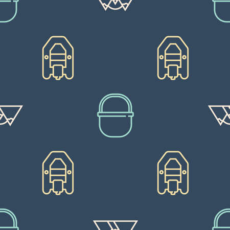 Set line Mountains, Rafting boat and Camping pot on seamless pattern. Vectorのイラスト素材