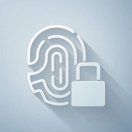Paper cut Fingerprint with lock icon isolated on grey background. ID app icon. Identification sign. Touch id. Paper art style. Vectorのイラスト素材