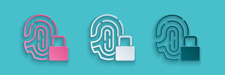 Paper cut Fingerprint with lock icon isolated on blue background. ID app icon. Identification sign. Touch id. Paper art style. Vectorのイラスト素材