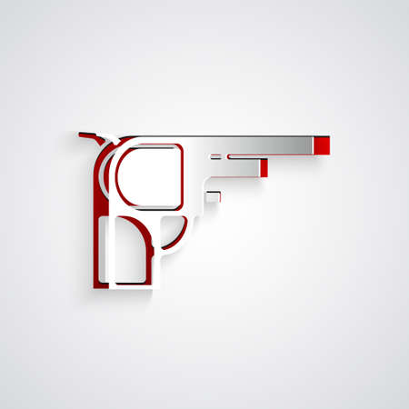 Paper cut Revolver gun icon isolated on grey background. Paper art style. Vectorのイラスト素材
