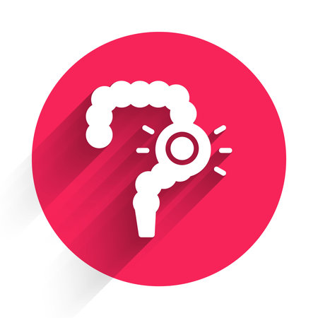 White Gut constipation icon isolated with long shadow. Bowel problems. Red circle button. Vector