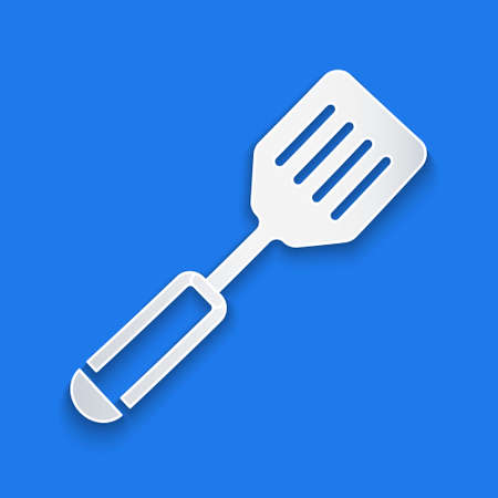 Paper cut Spatula icon isolated on blue background. Kitchen spatula icon. BBQ spatula sign. Barbecue and grill tool. Paper art style. Vectorのイラスト素材