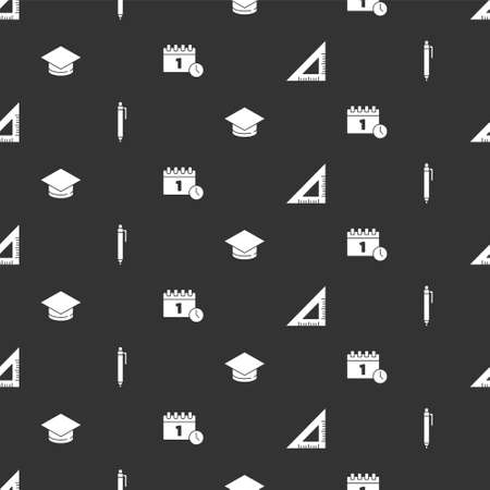 Set Triangular ruler, Pen, Graduation cap and Calendar first september date on seamless pattern. Vectorのイラスト素材