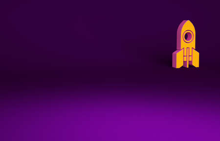 Orange Rocket ship icon isolated on purple background. Space travel. Minimalism concept. 3d illustration 3D renderの写真素材