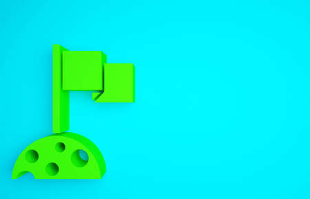 Green Moon with flag icon isolated on blue background. Minimalism concept. 3d illustration 3D renderの写真素材