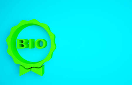 Green Banner, label, tag, for bio green healthy food icon isolated on blue background. Organic product. Healthy food sticker. Minimalism concept. 3d illustration 3D renderの写真素材