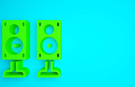 Green Stereo speaker icon isolated on blue background. Sound system speakers. Music icon. Musical column speaker bass equipment. Minimalism concept. 3d illustration 3D renderの写真素材