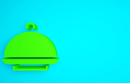 Green Covered with a tray of food icon isolated on blue background. Tray and lid sign. Restaurant cloche with lid. Minimalism concept. 3d illustration 3D renderの写真素材