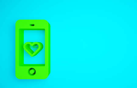 Green Smartphone with heart emoji speech bubble get message on screen icon isolated on blue background. Valentines day. Minimalism concept. 3d illustration 3D renderの写真素材