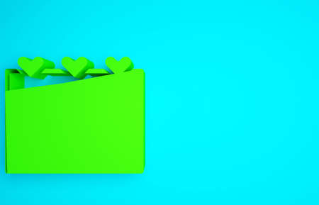 Green Calendar with heart icon isolated on blue background. Valentines day. Love symbol. February 14. Minimalism concept. 3d illustration 3D renderの写真素材