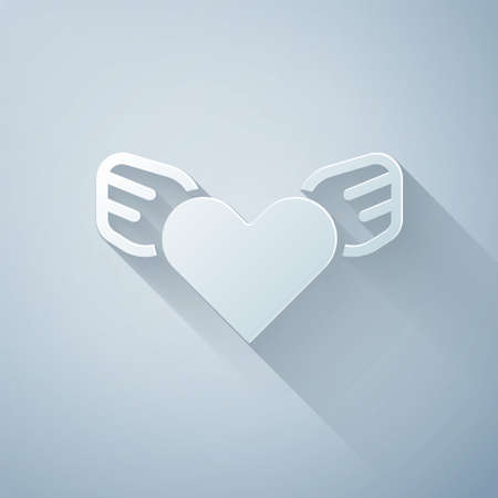 Paper cut Heart with wings icon isolated on grey background. Love symbol. Valentines day. Paper art style. Vectorのイラスト素材