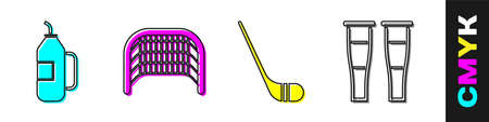 Set Fitness shaker, Ice hockey goal, Ice hockey stick and Crutch or crutches icon. Vectorのイラスト素材