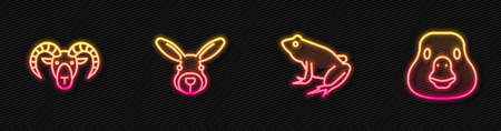 Set line Frog, Head of goat or ram, Rabbit head and Goose bird. Glowing neon icon. Vectorのイラスト素材