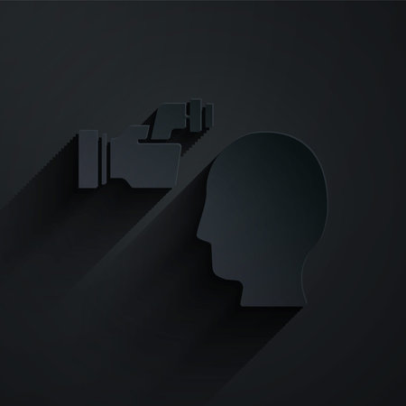 Paper cut Digital contactless thermometer with infrared light for medical examination icon isolated on black background. Checking body temperature. Paper art style. Vectorのイラスト素材