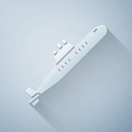 Paper cut Submarine icon isolated on grey background. Military ship. Paper art style. Vectorのイラスト素材