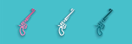 Paper cut Revolver gun icon isolated on blue background. Paper art style. Vectorのイラスト素材