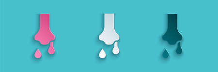 Paper cut Runny nose icon isolated on blue background. Rhinitis symptoms, treatment. Nose and sneezing. Nasal diseases. Paper art style. Vectorのイラスト素材