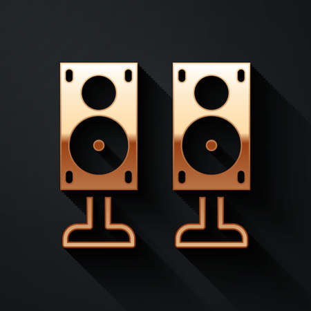 Gold Stereo speaker icon isolated on black background. Sound system speakers. Music icon. Musical column speaker bass equipment. Long shadow style. Vectorのイラスト素材