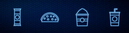 Set line Popcorn in box, Chocolate bar, Taco with tortilla and Paper glass straw. Glowing neon icon on brick wall. Vectorのイラスト素材
