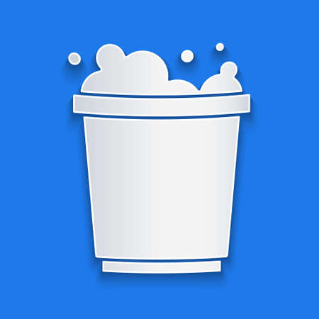 White line Bucket with foam and bubbles icon isolated on blue background. Cleaning service concept. 4K Video motion graphic animationのイラスト素材