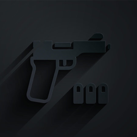 Paper cut Pistol or gun icon isolated on black background. Police or military handgun. Small...