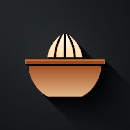 Gold Citrus fruit juicer icon isolated on black background. Long shadow style. Vectorのイラスト素材