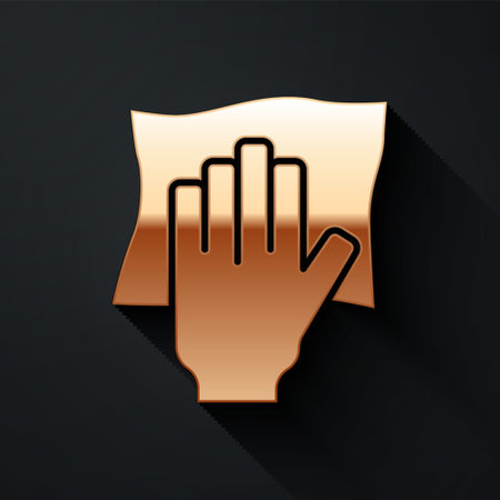 Gold Cleaning service icon isolated on black background. Latex hand protection sign. Housework cleaning equipment symbol. Long shadow style. Vectorのイラスト素材