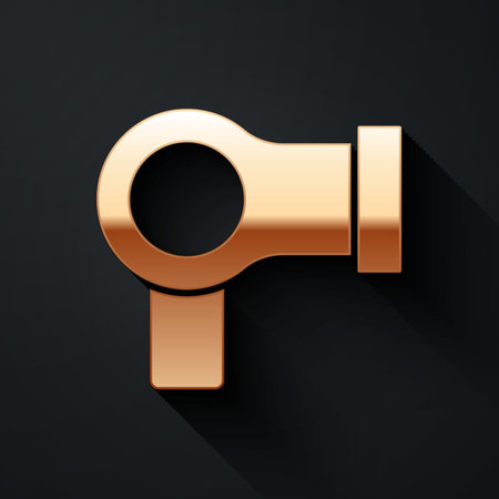 Gold Hair dryer icon isolated on black background. Hairdryer sign. Hair drying symbol. Blowing hot air. Long shadow style. Vectorのイラスト素材