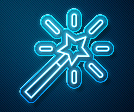 Glowing neon line Magic wand icon isolated on blue background. Star shape magic accessory. Magical power. Vectorのイラスト素材