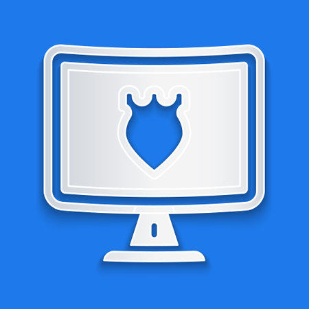 Paper cut Police database icon isolated on blue background. Police badge on monitor screen. Online police service concepts. Paper art style. Vectorのイラスト素材