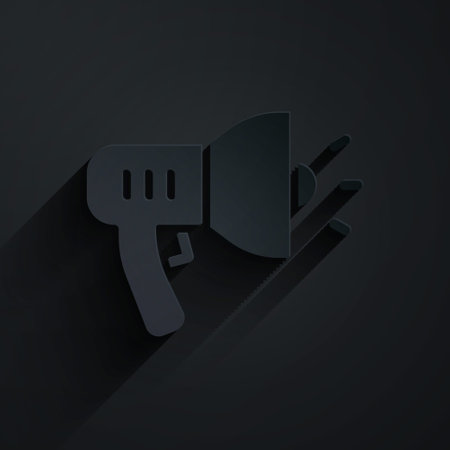 Paper cut Police megaphone icon isolated on black background. Paper art style. Vectorのイラスト素材