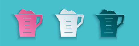 Paper cut Washing powder in a measuring cup icon isolated on blue background. Paper art style. Vectorのイラスト素材