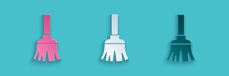 Paper cut Feather broom for cleaning icon isolated on blue background. Feather duster. Paper art style. Vectorのイラスト素材