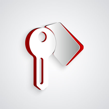 Paper cut Hotel door lock key icon isolated on grey background. Paper art style. Vectorのイラスト素材
