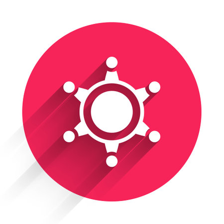 White Hexagram sheriff icon isolated with long shadow. Police badge icon. Red circle button. Vectorのイラスト素材