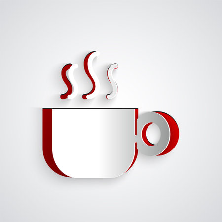 Paper cut Coffee cup icon isolated on grey background. Tea cup. Hot drink coffee. Paper art style. Vectorのイラスト素材