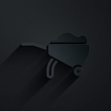 Paper cut Wheelbarrow with dirt icon isolated on black background. Tool equipment. Agriculture cart wheel farm. Paper art style. Vectorのイラスト素材