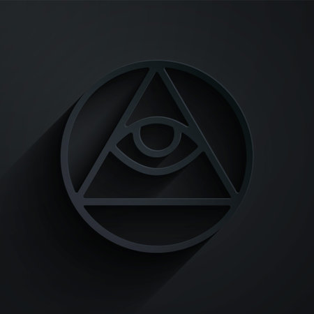 Paper cut Masons symbol All-seeing eye of God icon isolated on black background. The eye of Providence in the triangle. Paper art style. Vectorのイラスト素材