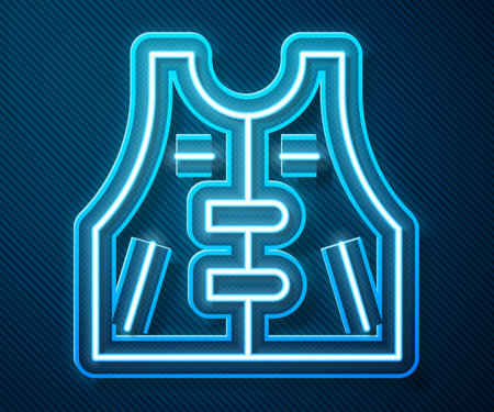 Glowing neon line Hunting jacket icon isolated on blue background. Hunting vest. Vectorのイラスト素材