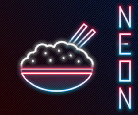 Glowing neon line Rice in a bowl with chopstick icon isolated on black background. Traditional Asian food. Colorful outline concept. Vector Illustrationのイラスト素材