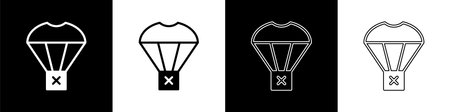 Set Box flying on parachute icon isolated on black and white background. Parcel with parachute for shipping. Delivery service, air shipping. Vectorのイラスト素材