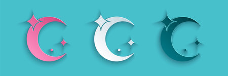 Paper cut Moon and stars icon isolated on blue background. Paper art style. Vectorのイラスト素材