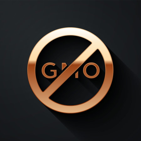 Gold No GMO icon isolated on black background. Genetically modified organism acronym. Dna food modification. Long shadow style. Vectorのイラスト素材